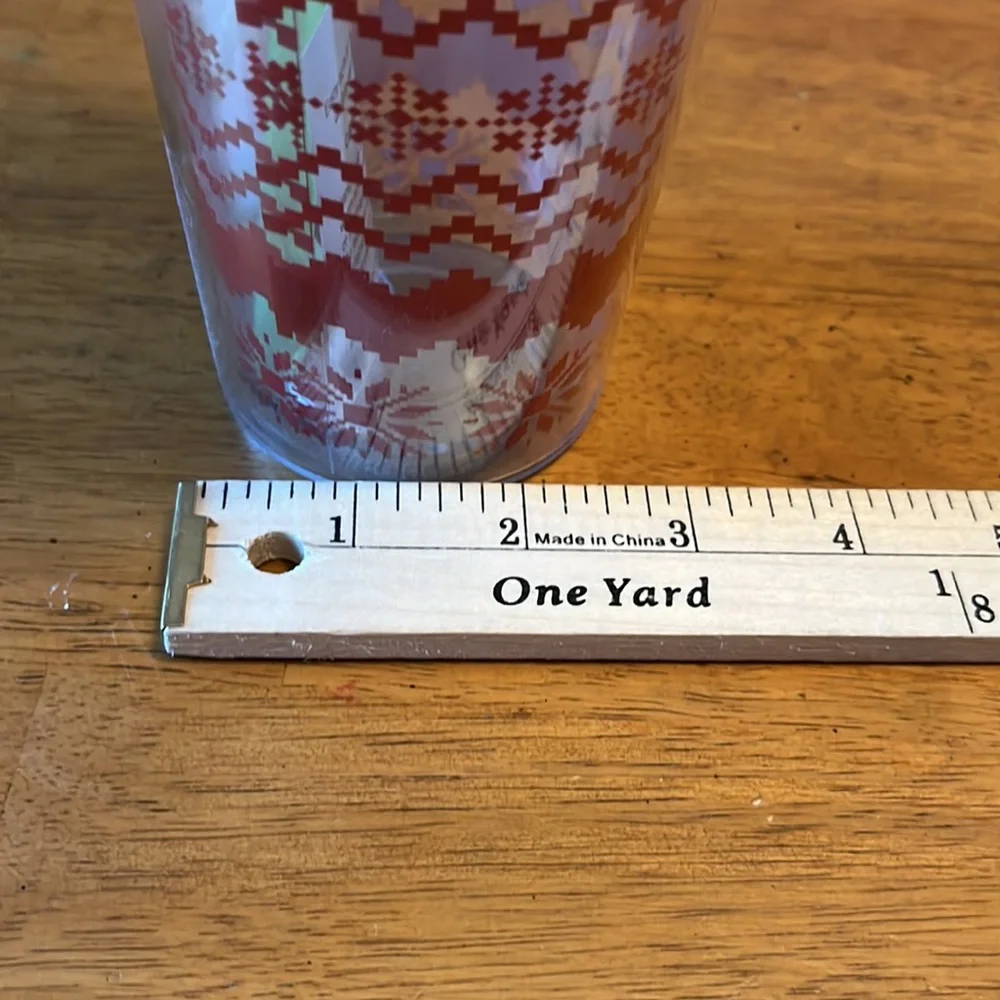 Double Wall Insulated Tumbler “JOY” with green top/straw, red knit patten